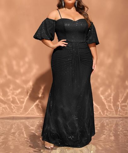 Women's Plus Size Off The Shoulder Puff Sleeve Dress Sequin Formal Maxi Evening Cocktail Party Gowns in Saudi Arabia