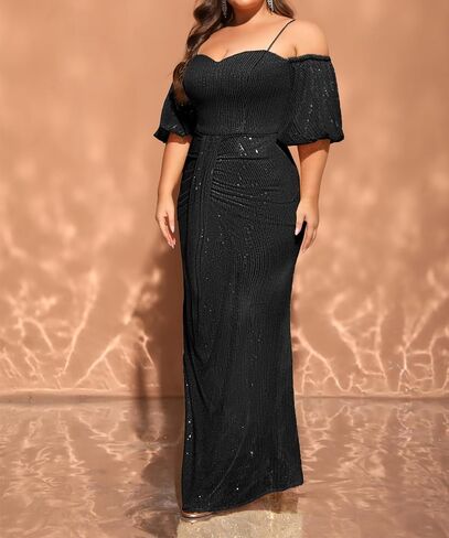 Women's Plus Size Off The Shoulder Puff Sleeve Dress Sequin Formal Maxi Evening Cocktail Party Gowns in Saudi Arabia