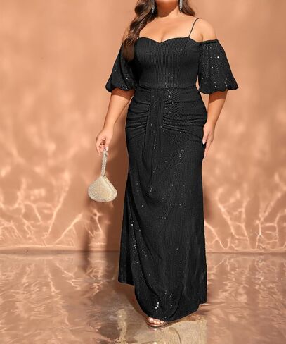 Women's Plus Size Off The Shoulder Puff Sleeve Dress Sequin Formal Maxi Evening Cocktail Party Gowns in Saudi Arabia