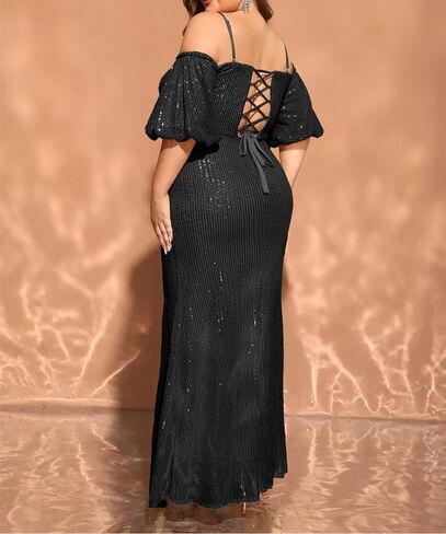 Women's Plus Size Off The Shoulder Puff Sleeve Dress Sequin Formal Maxi Evening Cocktail Party Gowns in Saudi Arabia