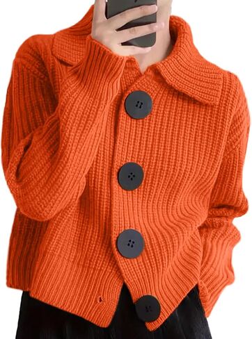 Women Open Front Knit Sweater Long Sleeve Cardigan Sweater Casual Loose Button Lapel Cardigan Coat in Saudi Arabia