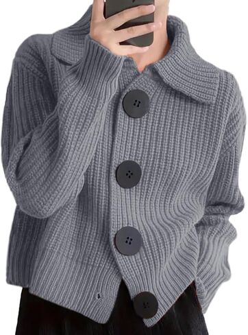 Women Open Front Knit Sweater Long Sleeve Cardigan Sweater Casual Loose Button Lapel Cardigan Coat in Saudi Arabia