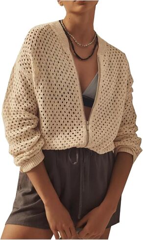 Women's Mesh Cardigan Sweaters Hollow Out Lantern Long Sleeve Zip Up Crochet Fishnet Knit Shrugs Sweater Jacket in Saudi Arabia