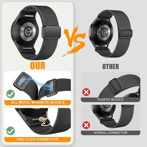 أربطة مطاطية مغناطيسية متوافقة مع ساعة Samsung Galaxy Watch 7/6/5/4/FE 40m 44mm/Galaxy Watch 6 Classic 43 47mm/Watch 5 Pro 45mm/Watch 4 Classic 42 46mm، 20mm بنقرة واحدة بدون فجوة سوار معصم من النايلون القابل للتمدد in Kuwait