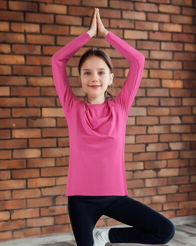 Auranso الفتيات قمصان طويلة الأكمام 3 حزمة قمصان رياضية سريعة الجفاف قمصان نشطة للفتيات أسود-أبيض-وردي أحمر 11-12 سنة in Kuwait