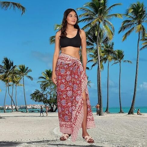 كتلة اليد المطبوعة القطن sarong للنساء-التفاف الشاطئ ، وشاح ، تغطية ملابس السباحة ، باريو | هدية صيفية خفيفة الوزن لها in Saudi Arabia