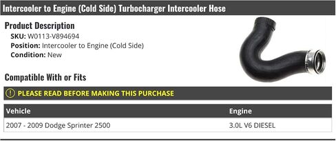 Intercooler to Engine Side Turbo Interbooler خرطوم - متوافق مع 2007-2009 Dodge Sprinter 2500 3.0L V6 Diesel in Saudi Arabia