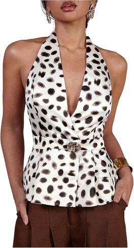 Makemechic Women's Polka Dots Halter Tops Deep v Dece Metal Decor in Saudi Arabia