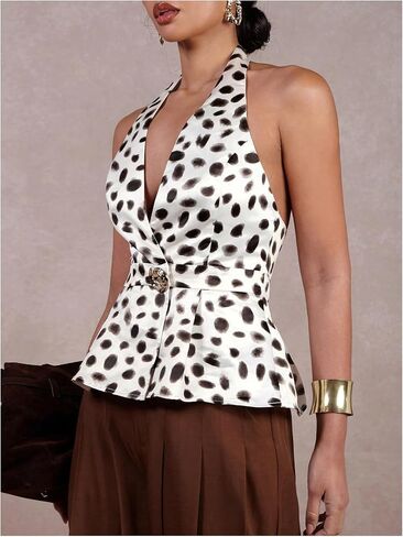 Makemechic Women's Polka Dots Halter Tops Deep v Dece Metal Decor in Saudi Arabia