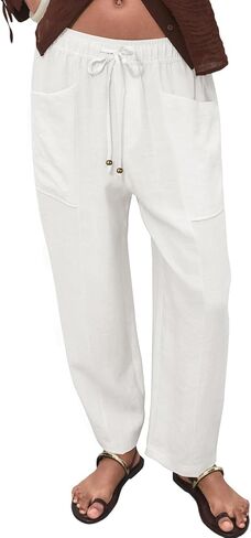 Acelitt Womens Cotton Linen Palazzo Pants Drawstring Elastic Waist Casual Wide Leg Trousers with Pockets in Saudi Arabia