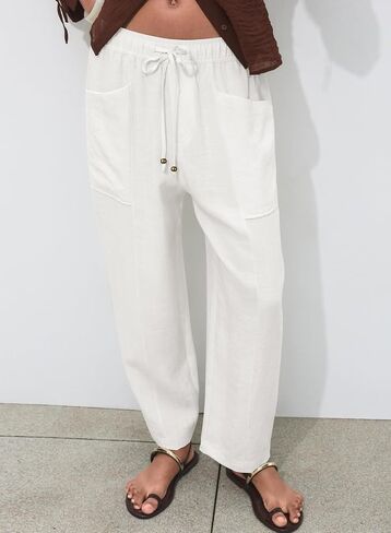 Acelitt Womens Cotton Linen Palazzo Pants Drawstring Elastic Waist Casual Wide Leg Trousers with Pockets in Saudi Arabia