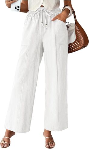 Acelitt Womens Cotton Linen Palazzo Pants Drawstring Elastic Waist Casual Wide Leg Trousers with Pockets in Saudi Arabia