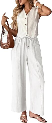 Acelitt Womens Cotton Linen Palazzo Pants Drawstring Elastic Waist Casual Wide Leg Trousers with Pockets in Saudi Arabia
