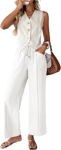 Acelitt Womens Cotton Linen Palazzo Pants Drawstring Elastic Waist Casual Wide Leg Trousers with Pockets in Saudi Arabia