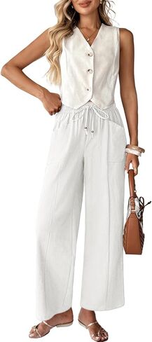 Acelitt Womens Cotton Linen Palazzo Pants Drawstring Elastic Waist Casual Wide Leg Trousers with Pockets in Saudi Arabia