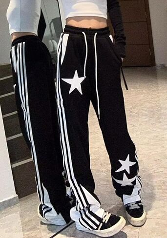 Womens Y2K Prochepants Star Patchwork مستقيم الساق الساقين السطوح الفضفاضة مع جيوب in Saudi Arabia