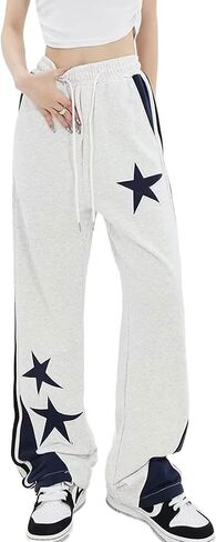 Womens Y2K Prochepants Star Patchwork مستقيم الساق الساقين السطوح الفضفاضة مع جيوب in Saudi Arabia