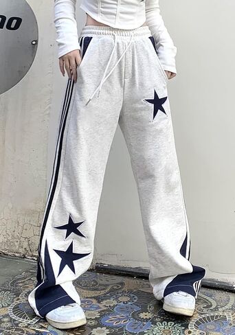 Womens Y2K Prochepants Star Patchwork مستقيم الساق الساقين السطوح الفضفاضة مع جيوب in Saudi Arabia