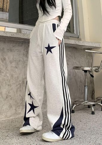 Womens Y2K Prochepants Star Patchwork مستقيم الساق الساقين السطوح الفضفاضة مع جيوب in Saudi Arabia