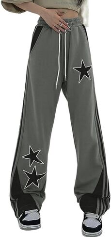 Womens Y2K Prochepants Star Patchwork مستقيم الساق الساقين السطوح الفضفاضة مع جيوب in Saudi Arabia