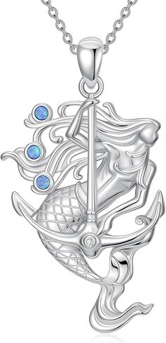 Mermaid Anchor Necklace with Blue Opal for Women 925 Sterling Sliver Mermaid Pendant Necklaces Jewelry Gifts for Her in Saudi Arabia