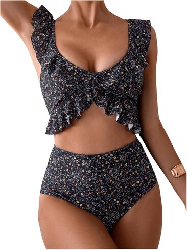 Floerns Women's Disty Floral Print Bikini Set Ruffle Trim High Waisted Bathing Suit in Saudi Arabia