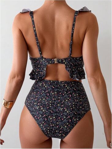 Floerns Women's Disty Floral Print Bikini Set Ruffle Trim High Waisted Bathing Suit in Saudi Arabia