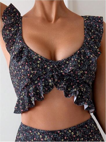 Floerns Women's Disty Floral Print Bikini Set Ruffle Trim High Waisted Bathing Suit in Saudi Arabia