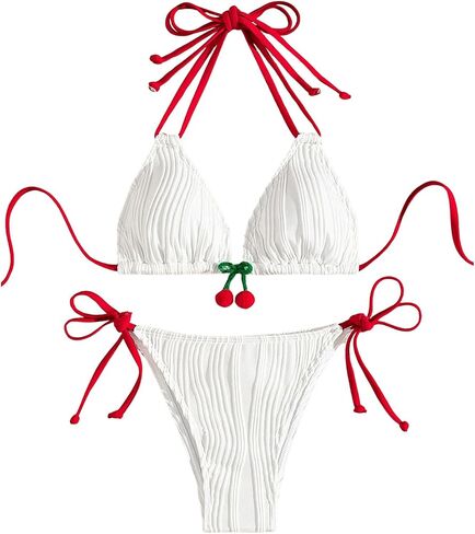 GORGLITTER Women's Cherry Swimsuit Textured Triangle Tops High Cut Thong Bikini Set Bathing Suit in Saudi Arabia