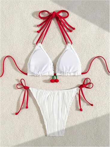 GORGLITTER Women's Cherry Swimsuit Textured Triangle Tops High Cut Thong Bikini Set Bathing Suit in Saudi Arabia