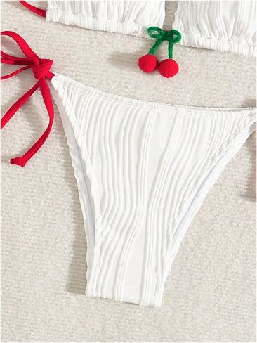 GORGLITTER Women's Cherry Swimsuit Textured Triangle Tops High Cut Thong Bikini Set Bathing Suit in Saudi Arabia