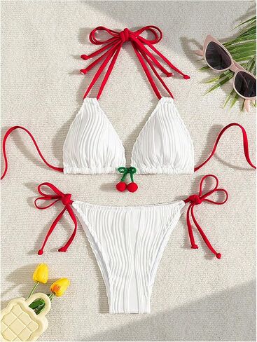 GORGLITTER Women's Cherry Swimsuit Textured Triangle Tops High Cut Thong Bikini Set Bathing Suit in Saudi Arabia