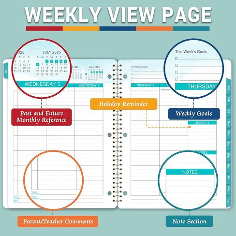 مخطط الطلاب 2024-2025 - مخطط أكاديمي 2024-2025 من يوليو 2024 - يونيو 2025، 11 بوصة × 9 بوصة، مخطط دروس أسبوعي مزود بملصقات وأهداف الأسبوع وعلامات تبويب مطبوعة وتجليد ذهبي مزدوج السلك in Kuwait