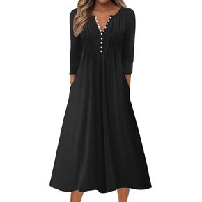Soesdemo Long Sleeve Dress for Women Casual V Neck Pleated Button Down 3/4 Sleeves Knee Length Midi Dresses with Pockets in Kuwait