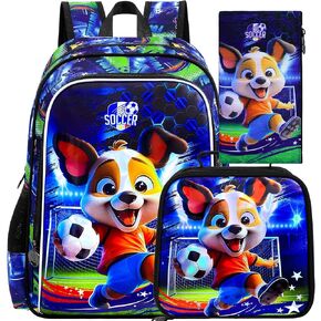 3PCS Boys Dog Backpack, Water Resistant Kids Soccer Bookbag Set with Lunch Box，Cute School Bag for Preschool Toddler in Kuwait