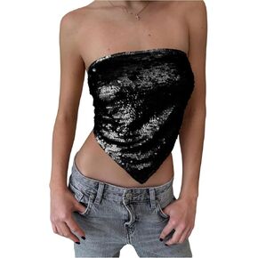 MakeMeChic Women's Sequin Sparkly Tie Backless Tube Crop Tops Strapless Bandeau Top Clubwear in Kuwait