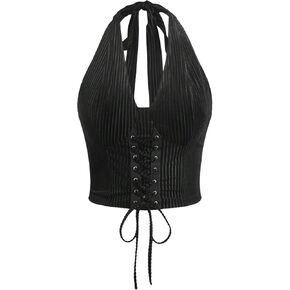 Wdirara Women's Plus Size Lace Up Front Halter Tank Tops Slim Fit Crop Tee in Kuwait