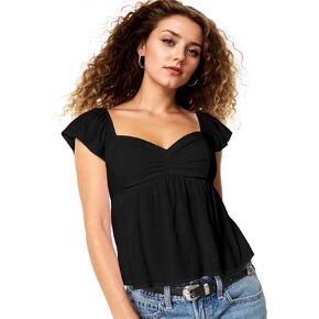 Livtany Women's Shuffle Short Sleve Flowy Peplum Tank Tops Sweetheart Neck Babydoll Blouse Smocked Back Pleated Summer Shirt in Kuwait