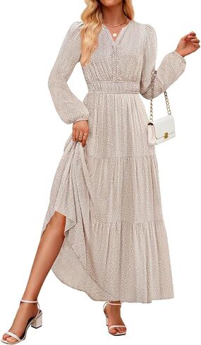 ZESICA Women's 2025 Fall Long Sleeve Maxi Dress Floral Print V Neck Empire Waist A Line Tiered Flowy Boho Party Dresses in Saudi Arabia