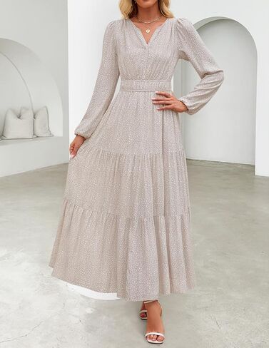 ZESICA Women's 2025 Fall Long Sleeve Maxi Dress Floral Print V Neck Empire Waist A Line Tiered Flowy Boho Party Dresses in Saudi Arabia