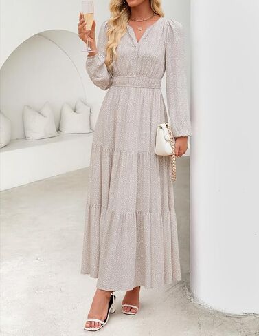 ZESICA Women's 2025 Fall Long Sleeve Maxi Dress Floral Print V Neck Empire Waist A Line Tiered Flowy Boho Party Dresses in Saudi Arabia