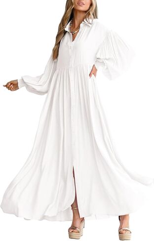 chouyatou Women's Casual Long Sleeve Button Down Shirt Dress Elegant Pleated Flowy Swing Maxi Dress in Kuwait