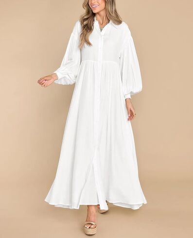 chouyatou Women's Casual Long Sleeve Button Down Shirt Dress Elegant Pleated Flowy Swing Maxi Dress in Kuwait