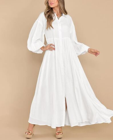 chouyatou Women's Casual Long Sleeve Button Down Shirt Dress Elegant Pleated Flowy Swing Maxi Dress in Kuwait