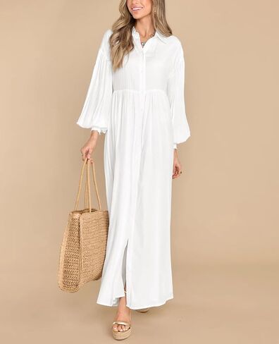 chouyatou Women's Casual Long Sleeve Button Down Shirt Dress Elegant Pleated Flowy Swing Maxi Dress in Kuwait
