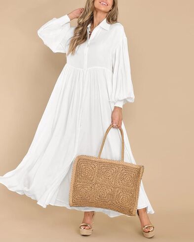 chouyatou Women's Casual Long Sleeve Button Down Shirt Dress Elegant Pleated Flowy Swing Maxi Dress in Kuwait
