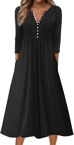 Soesdemo Long Sleeve Dress for Women Casual V Neck Pleated Button Down 3/4 Sleeves Knee Length Midi Dresses with Pockets in Kuwait
