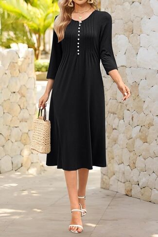 Soesdemo Long Sleeve Dress for Women Casual V Neck Pleated Button Down 3/4 Sleeves Knee Length Midi Dresses with Pockets in Kuwait