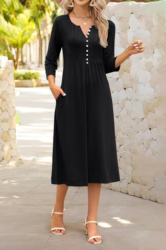 Soesdemo Long Sleeve Dress for Women Casual V Neck Pleated Button Down 3/4 Sleeves Knee Length Midi Dresses with Pockets in Kuwait