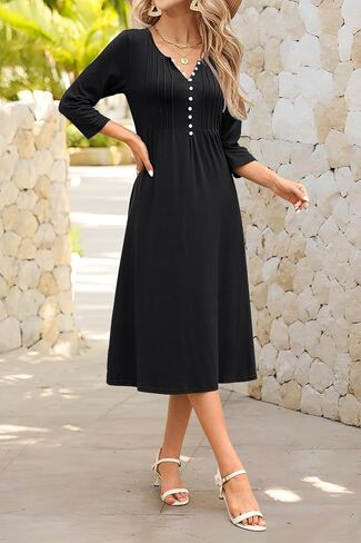 Soesdemo Long Sleeve Dress for Women Casual V Neck Pleated Button Down 3/4 Sleeves Knee Length Midi Dresses with Pockets in Kuwait
